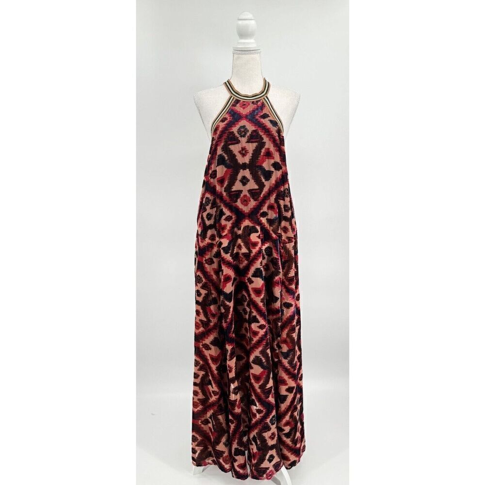 Free People Velvet Maxi Dress Micah Burnout Sleeveless Oversized Red Multi Sz M